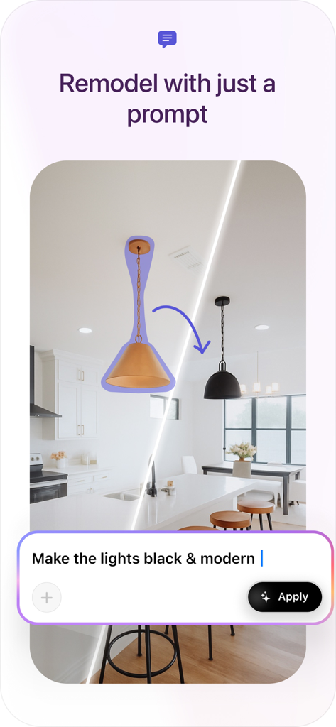 Spacia: AI Home Design - A screenshot of the Spacia app showing how to remodel a kitchen by typing a text prompt to change light fixtures from gold to black.