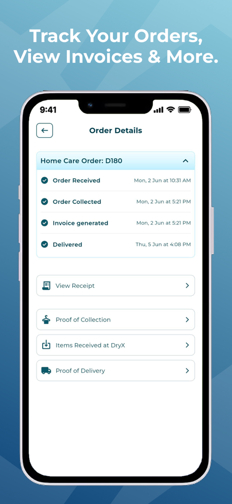 DryX - DryX app screen showing order status tracking with timestamps and invoice options