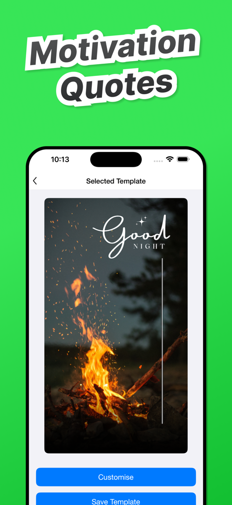 Save Status for WA +WASticker - A mobile app interface displaying a motivation quote template with a campfire scene and a good night message for social media status.