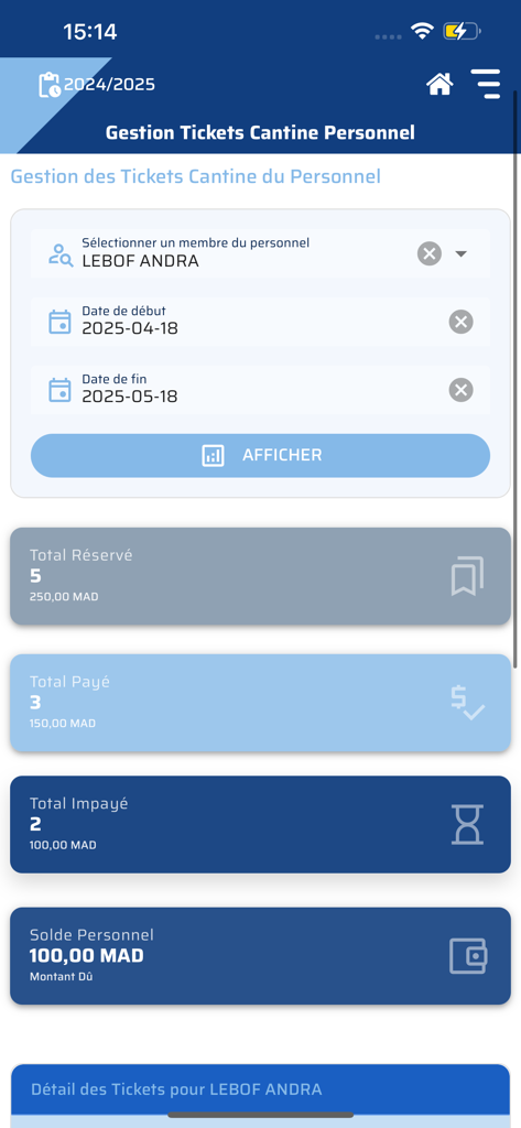 G-EcolePlus - Panel de gestión de tickets de cantina del personal de G-EcolePlus que muestra reservas y pagos