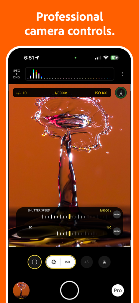Manual shutter speed and ISO settings in the Project Indigo camera app interface showing a water drop splash.