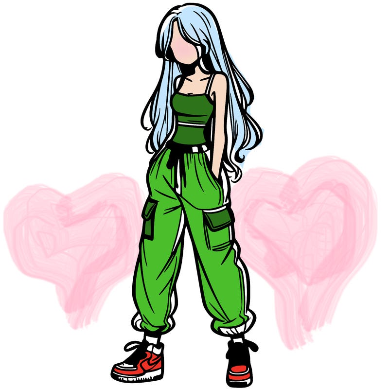 girl in baggy pants crop top and long hair