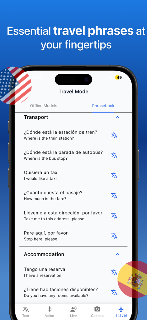 Translate AI - Translator - Translate AI app displaying a travel phrasebook with common phrases in Spanish and English for transport and accommodation.