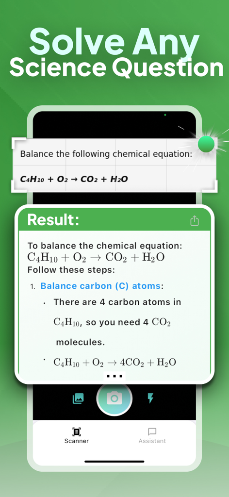 Photo Science: AI Tutor - A mobile app interface showing a step-by-step solution for balancing a chemical equation using Photo Science AI Tutor