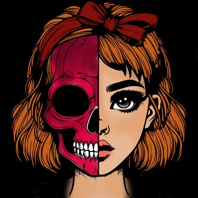 realistic girl with half skull mask