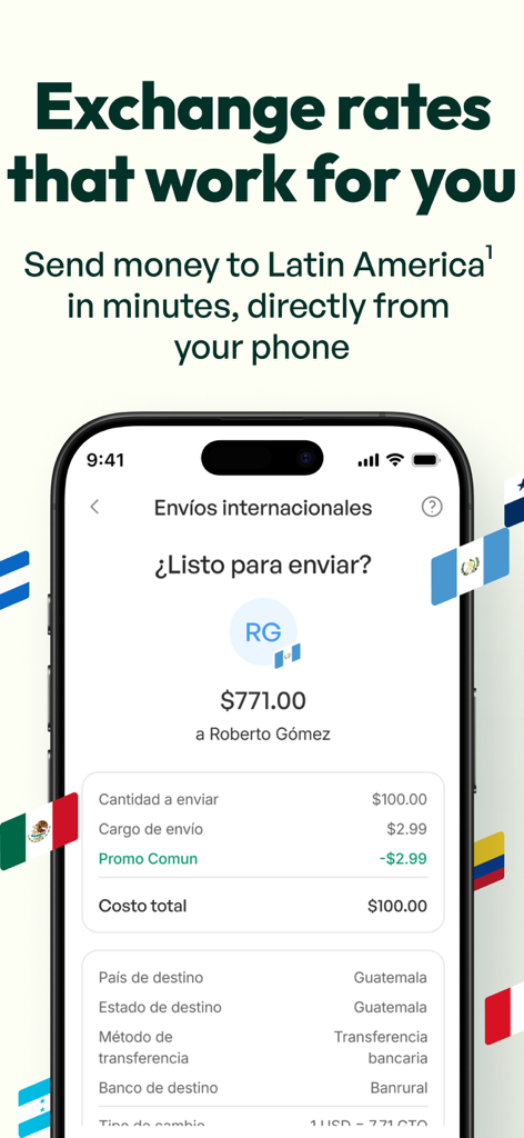 A smartphone screen from the Comun app showing an international money transfer to Guatemala.