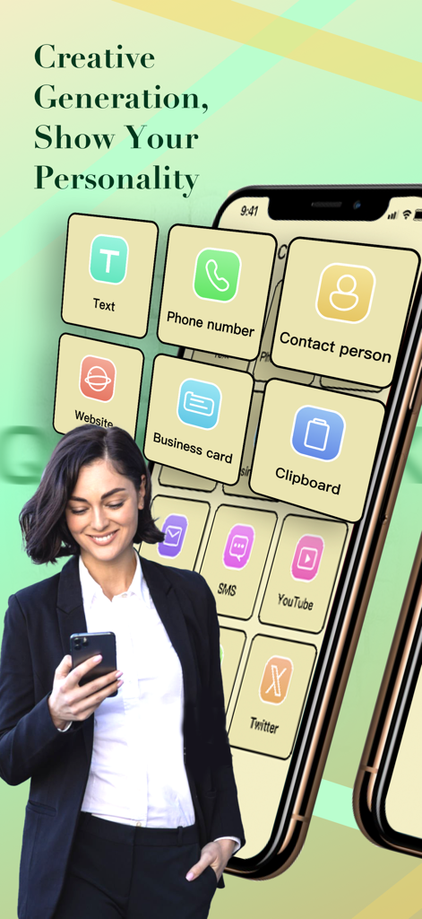 A businesswoman using the QuickLink app to create custom QR codes for websites and contact info.