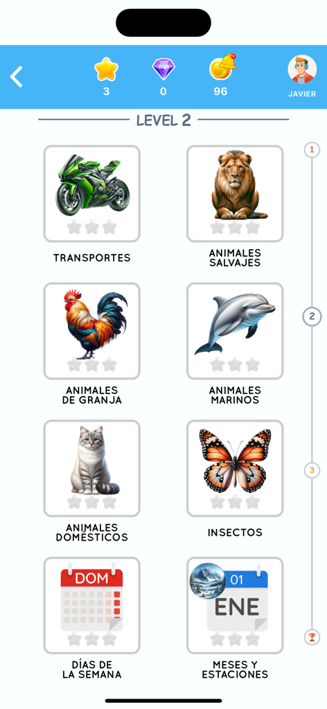 Learn Spanish for Beginner - Level 2 vocabulary categories in the Learn Spanish for Beginner app including animals and transport