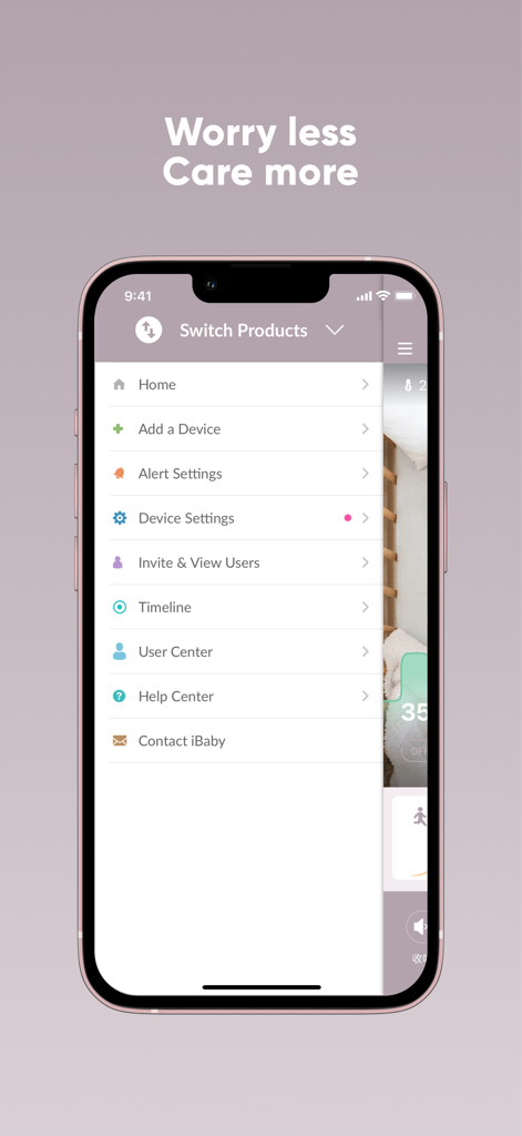 iBaby Care App - Main menu interface of the iBaby Care App on a smartphone showing device settings and user management.