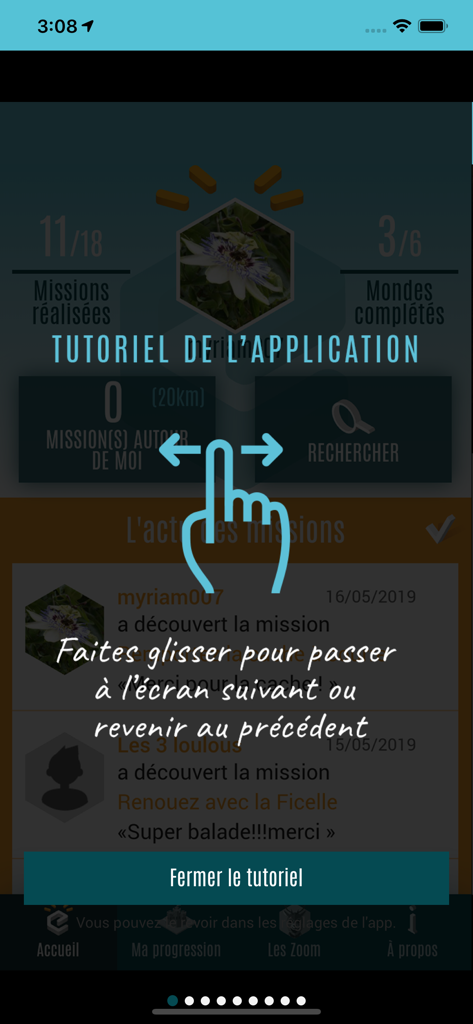 PÉPIT - Tutorial screen of the PEPIT app demonstrating a swipe gesture to navigate between pages