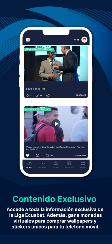 Liga Ecuabet - Liga Ecuabet app interface showing exclusive news and video feed for soccer fans