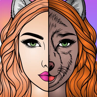 split face realistic woman and wolf