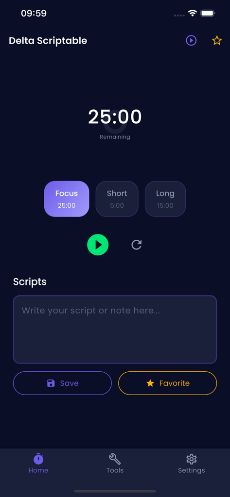 Delta Scriptable - Home screen of Delta Scriptable app displaying a productivity focus timer and a script editor field
