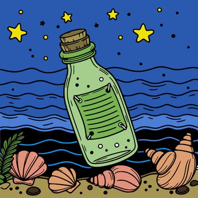 bottle with message on seaside sea shells around