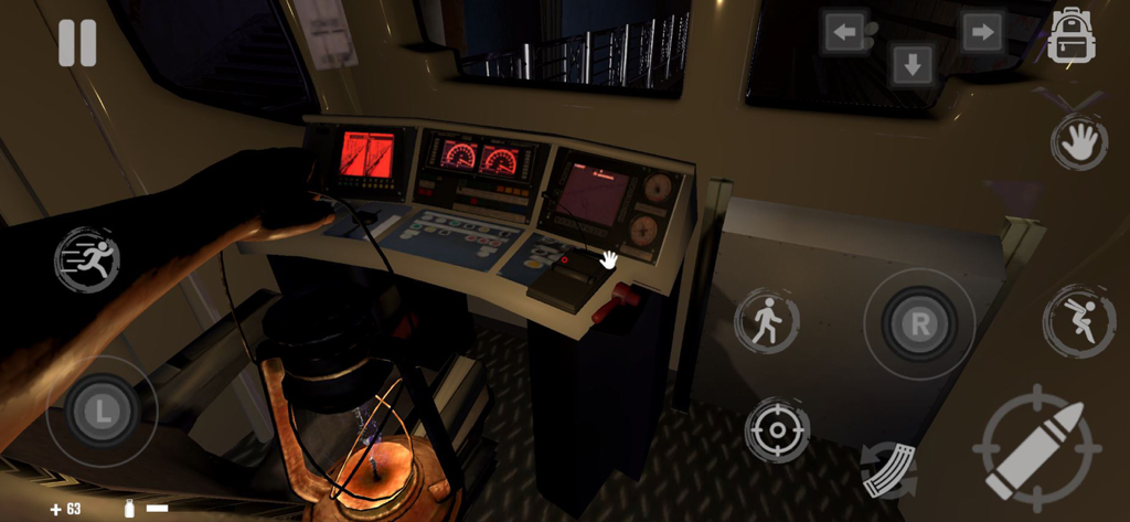 The Last Station - Baku - First person view of a train cockpit and lantern in the survival horror game The Last Station Baku.