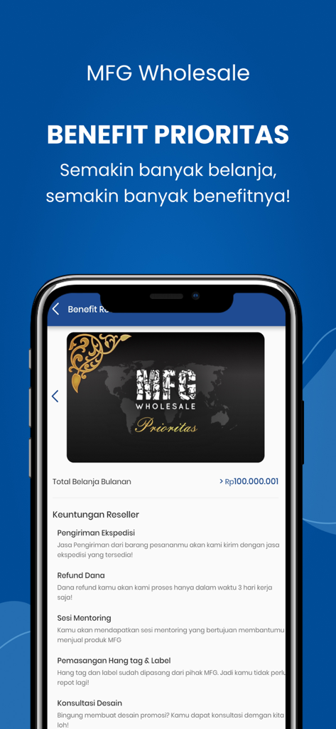 My Fashion Grosir-B2B Fashion - Smartphone display of My Fashion Grosir app showing reseller priority benefits and membership levels