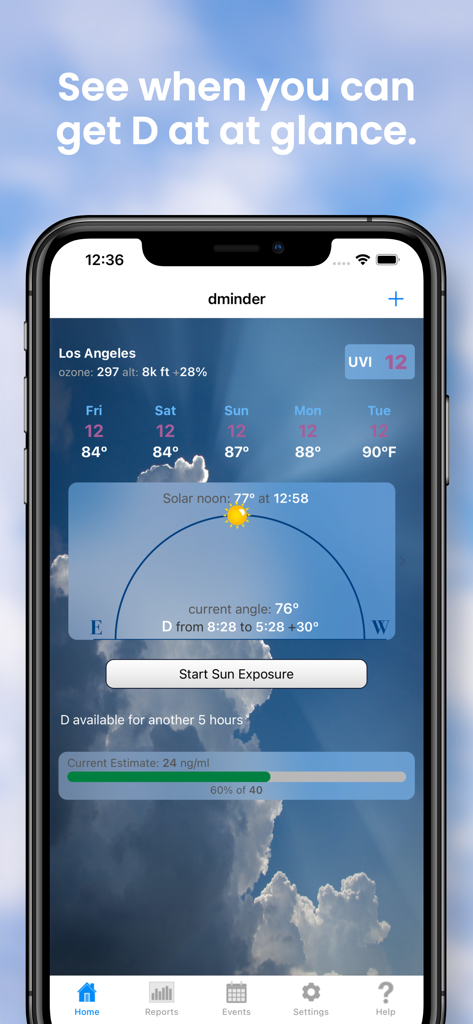 D Minder Pro - D Minder Pro app home screen displaying sun exposure forecast and vitamin D levels tracking