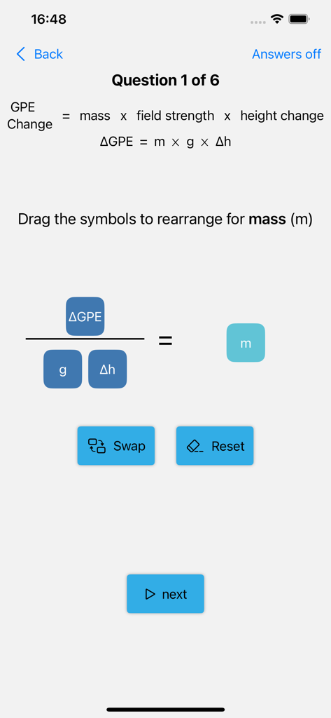 GCSE Equations Physics - Interactive quiz screen for rearranging gravitational potential energy equations in the GCSE Physics app