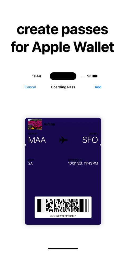 Visualização de um cartão de embarque digital sendo criado para a Apple Wallet
