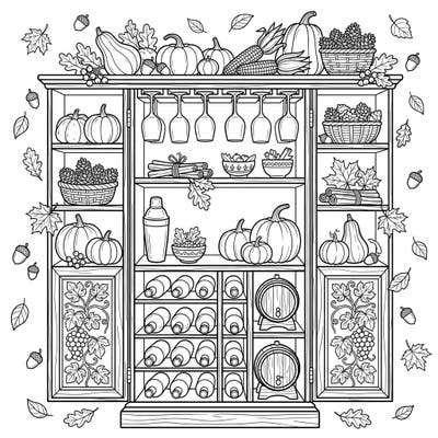 Immerse yourself in the warm hues of autumn with this detailed coloring page featuring a beautifully decorated wine and bar cabinet. It's packed with harvest delights and intricate details for a relaxing coloring experience.