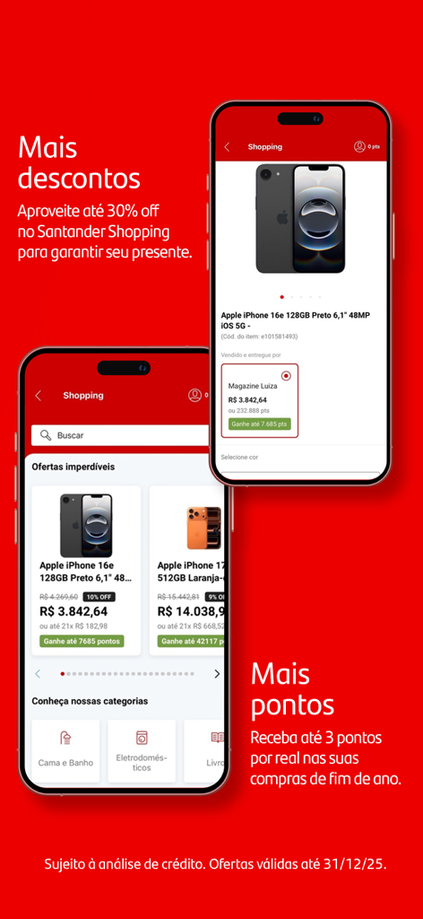 Interfaz de la aplicación Santander Brasil mostrando descuentos en iPhones y acumulación de puntos de recompensa