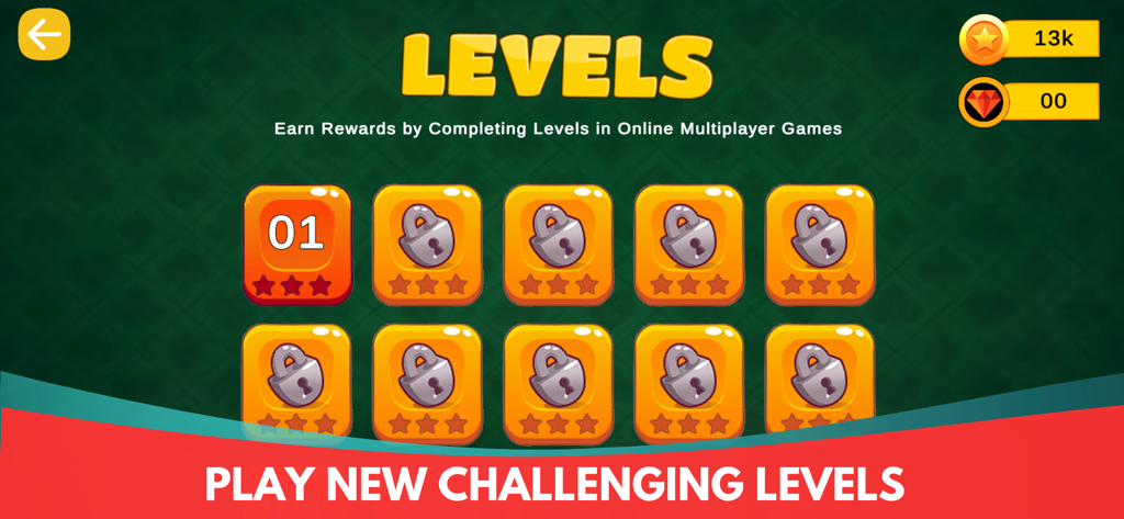 Bukharo Indian Buraco game menu displaying multiple challenging levels with rewards