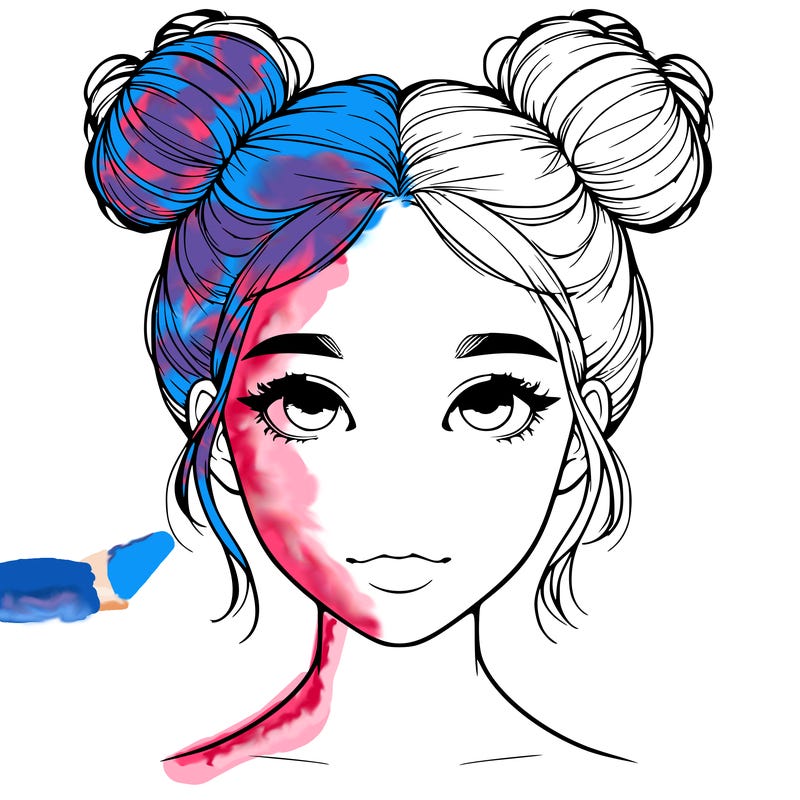 realistic girl with two buns on top of her head