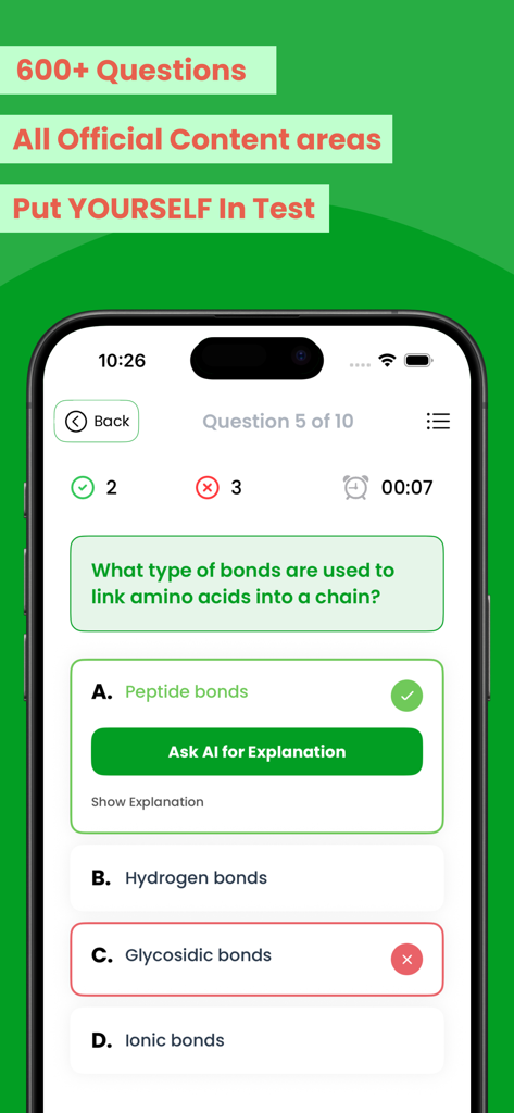 AP Biology Exam Prep Pro - A mobile interface for the AP Biology Exam Prep Pro app showing a multiple-choice practice question about amino acid bonds with AI explanation features.