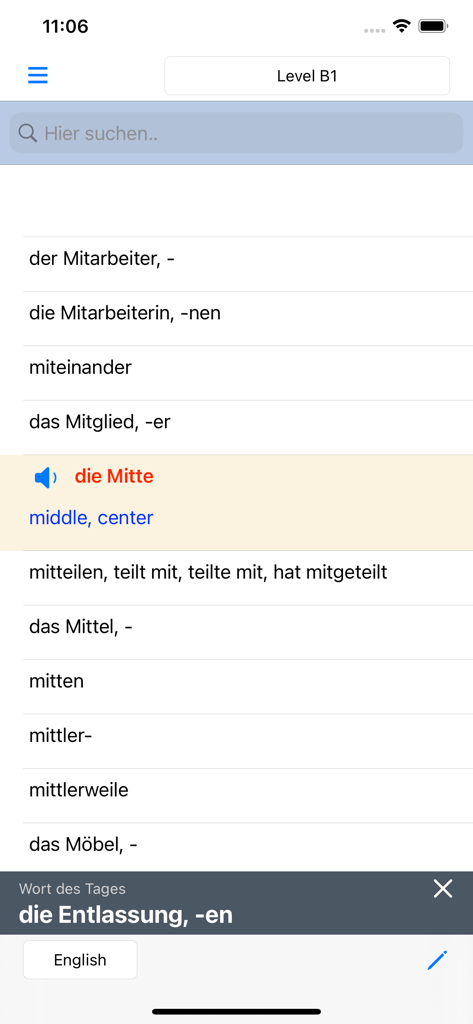 Wortschatz Deutsch A1 A2 B1 - Screenshot of the Wortschatz Deutsch app showing a list of German B1 level vocabulary words with translations.