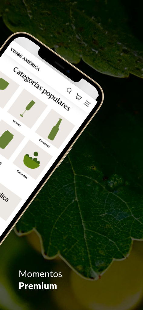 Vinos América Shop - Smartphone screen displaying the Vinos América Shop app categories for premium beverages