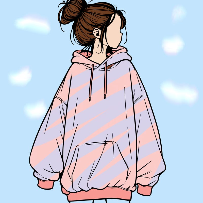 realistic girl with a oversized sweatshirt on and a bun