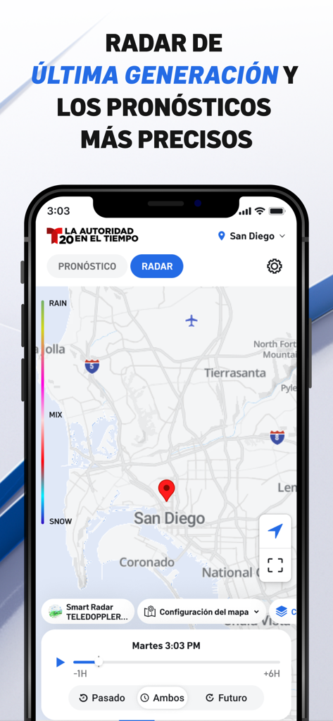Telemundo 20 San Diego - Telemundo 20 San Diego app screenshot showing a detailed weather radar map of the San Diego and Tijuana region