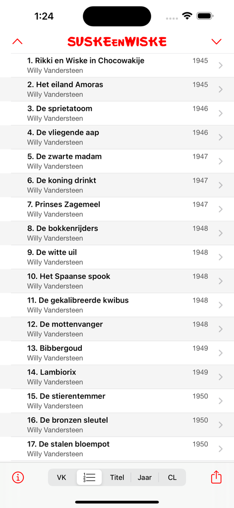 De aardige app - A chronological list of Suske en Wiske comic books within the app.