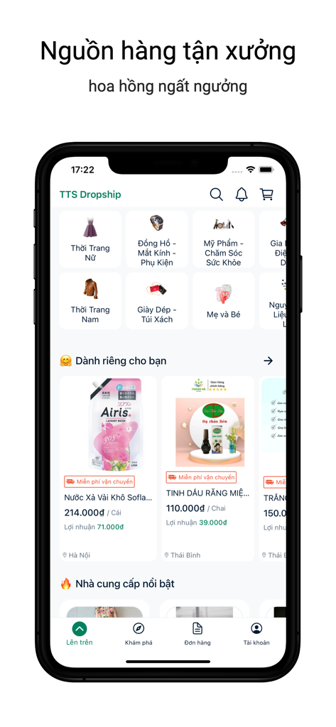 TTS Dropship - Bán hàng online - The home screen of the TTS Dropship mobile app showing product categories and deals