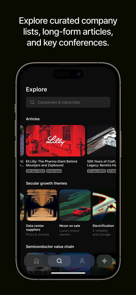 L'écran d'exploration de l'application Quartr affichant des articles financiers organisés et des thèmes d'investissement de croissance séculaire