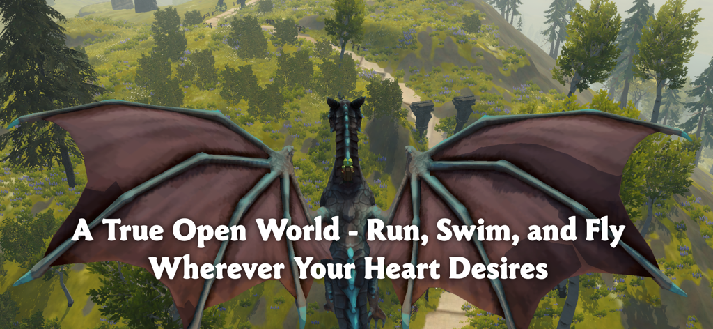 A dragon flying over a vast green landscape in the game Wilderless