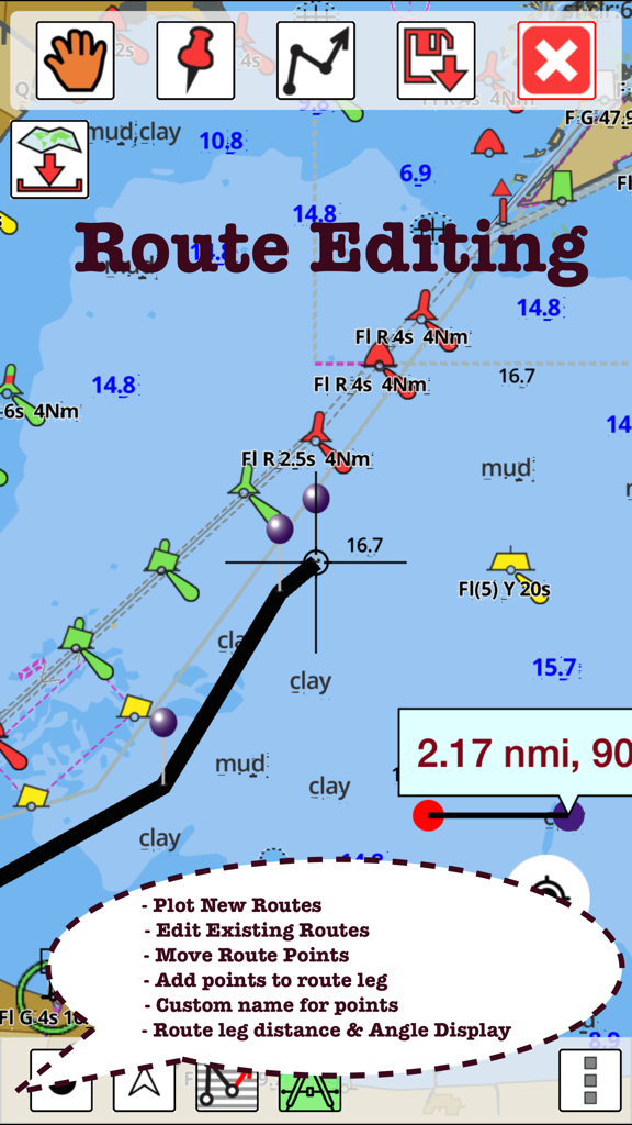 i-Boating app route editing interface on a nautical chart showing route points and depth contours.