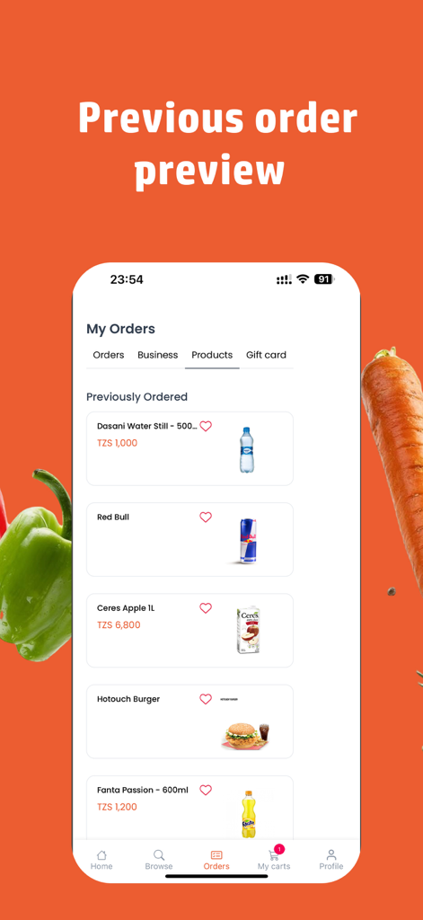 Pantalla de smartphone que muestra la sección de artículos pedidos anteriormente en la aplicación de entrega de alimentos y comestibles Piki.