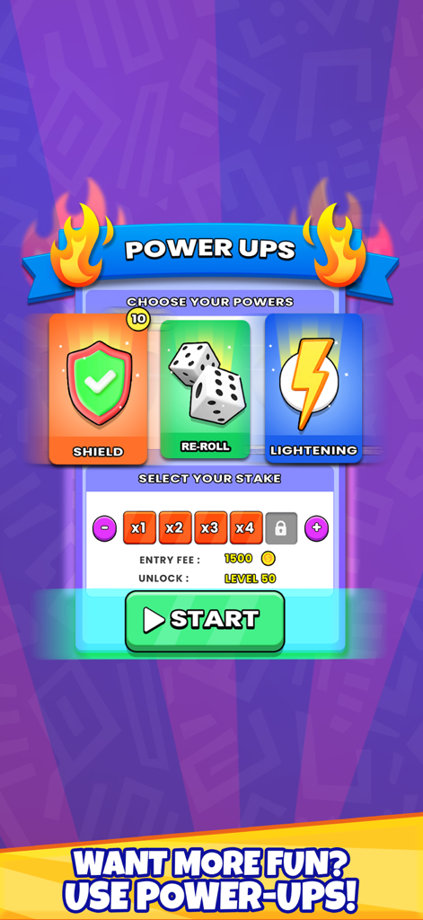Crazy Ludo game screen showing power up options including shield re-roll and lightning with stake selection