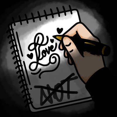 a hand writing “love” in calligraphy on a notebook