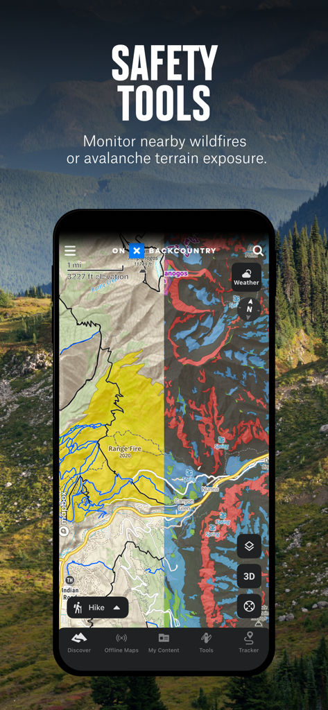 onX Backcountry app interface showing safety tools for wildfires and avalanche terrain