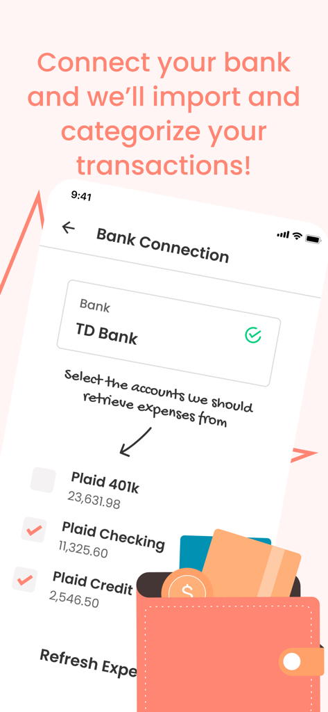 TrulySmall Business Expenses - A mobile app screen showing the bank connection setup for TD Bank with options to select checking and credit accounts for expense tracking