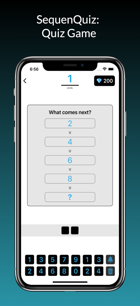 SequenQuiz app screen showing a math sequence puzzle for level 1 asking what comes next after 2 4 6 8