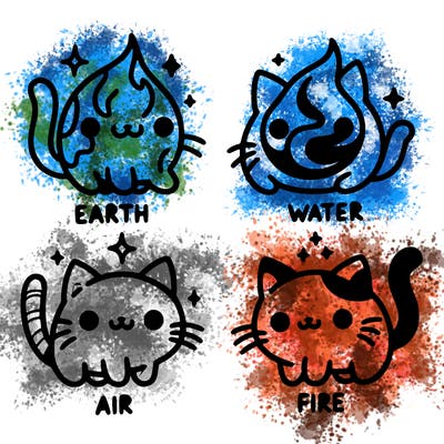 4 cats that represent the different elements, earth, water, air, and fire