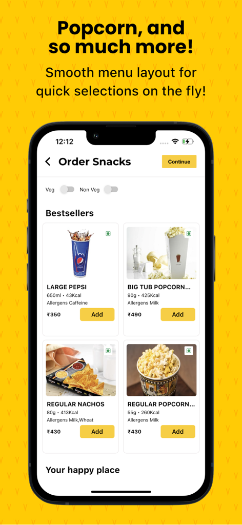 PVR Cinemas - Movie Tickets - PVR Cinemas mobile app screen showing a movie snacks menu with popcorn, pepsi, and nachos