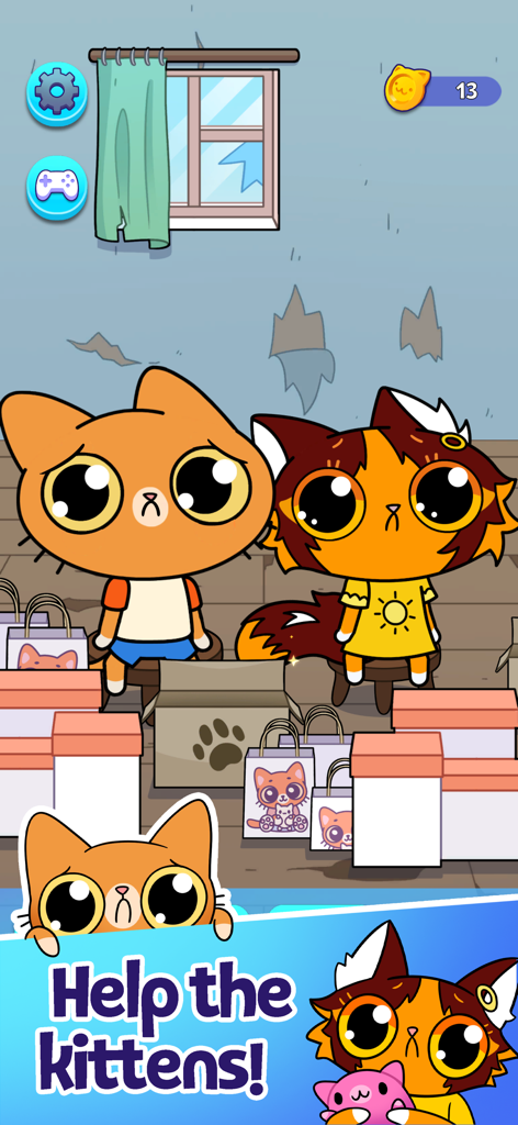 Simba Clicker - Dois gatinhos fofos de desenho animado em uma loja com caixas e o texto Ajude os gatinhos