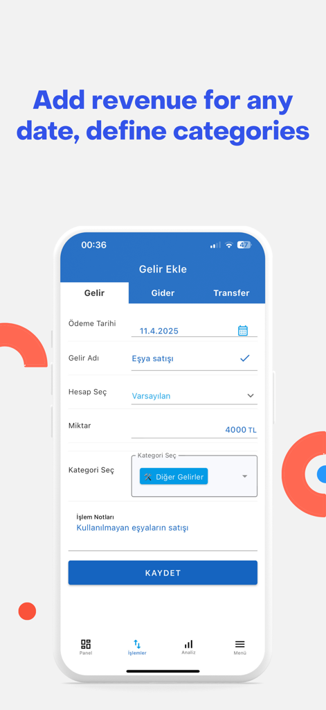 Mobile app screen for adding revenue and selecting financial categories in Money Manager My Pocket.