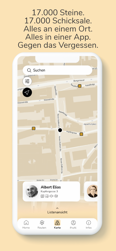 Stolpersteine NRW - Stolpersteine NRW app interface showing an interactive map of memorial stones and a victim biography card for Albert Elias