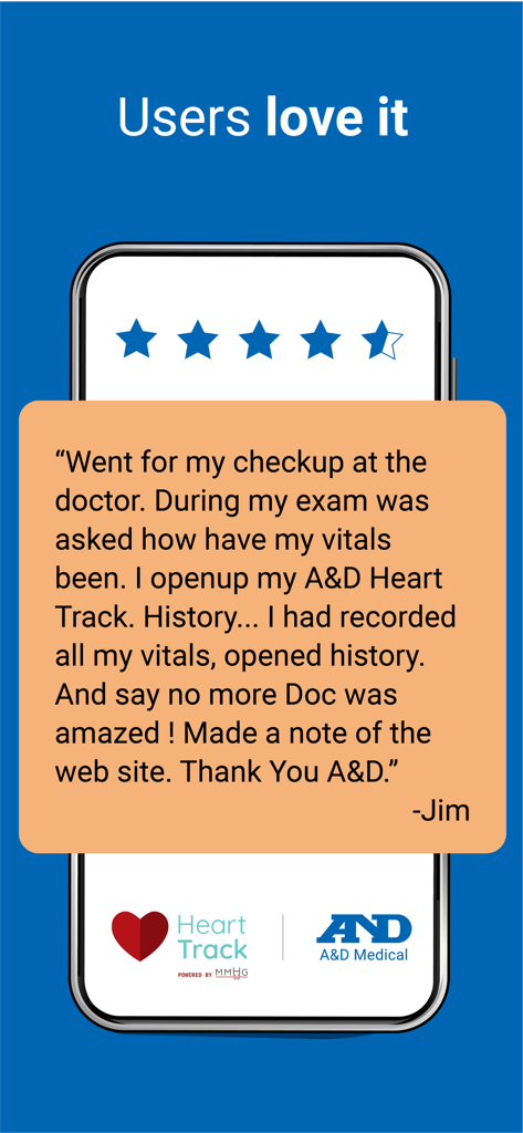 A&D Heart Track - User testimonial for A&D Heart Track app with a 4.5 star rating and positive feedback from Jim