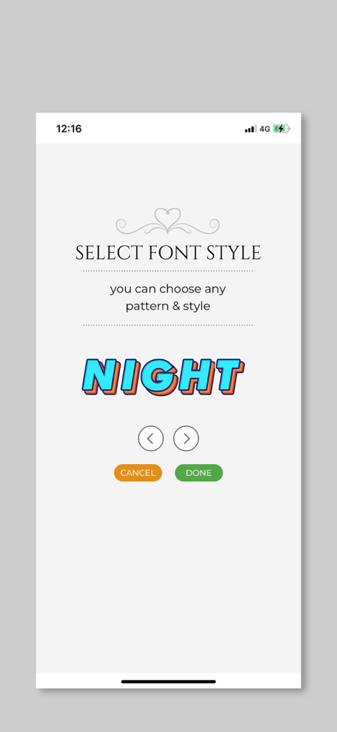 Poster Maker - Flyer Creator - Interface of the Poster Maker app showing a font style selection screen with a preview of the word NIGHT in a 3D blue font.